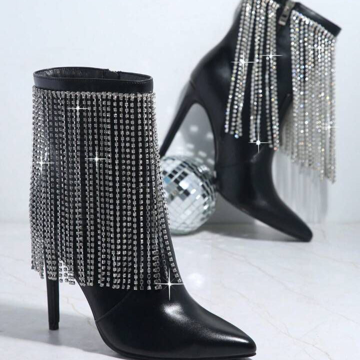 Botin negro apliques brillantes tacon puntilla 10cm S1757 C-84